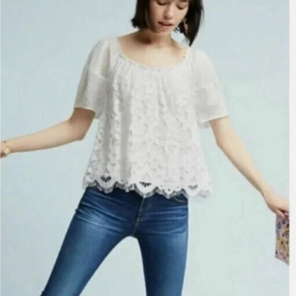 Anthropologie Moulinette Soeurs Messina White Lace Top Sz S Puff Sleeve Blouse